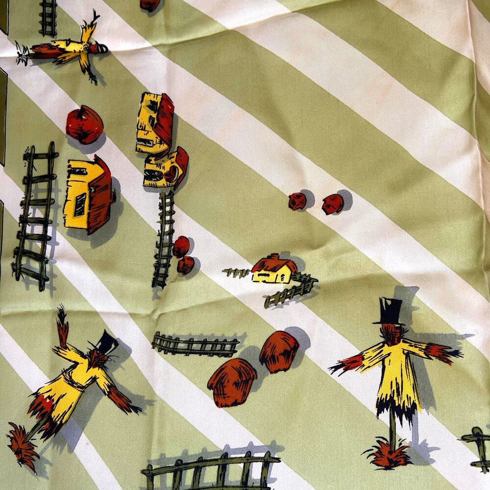 Vintage 50s Italian Silk Scarf, Salterio for Bullock's Wilshire, Farm, Scarecrow